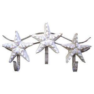 Coastal Whitewashed Starfish Wooden and Metal Triple Hook Wall Decor